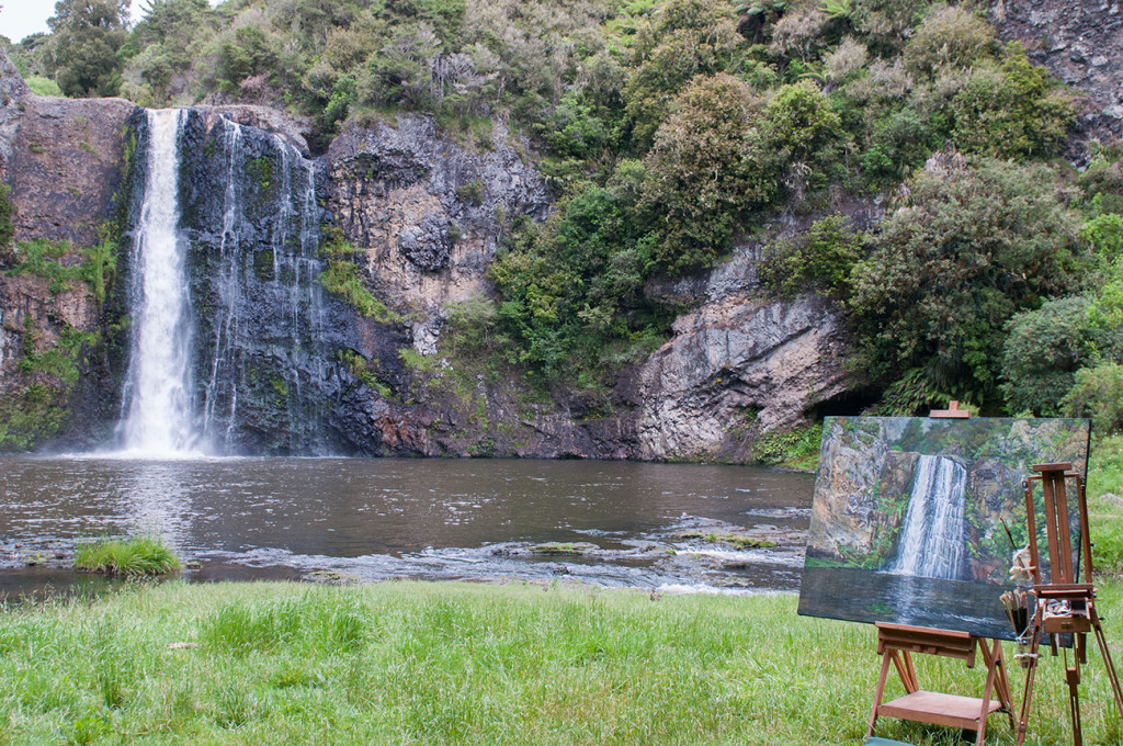 Mise en abyme with the hunua falls and a painting of the falls on its easel
