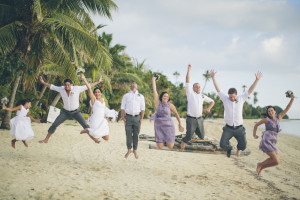 Bridal party jumping at Anna's sister wedding. in Fiji 