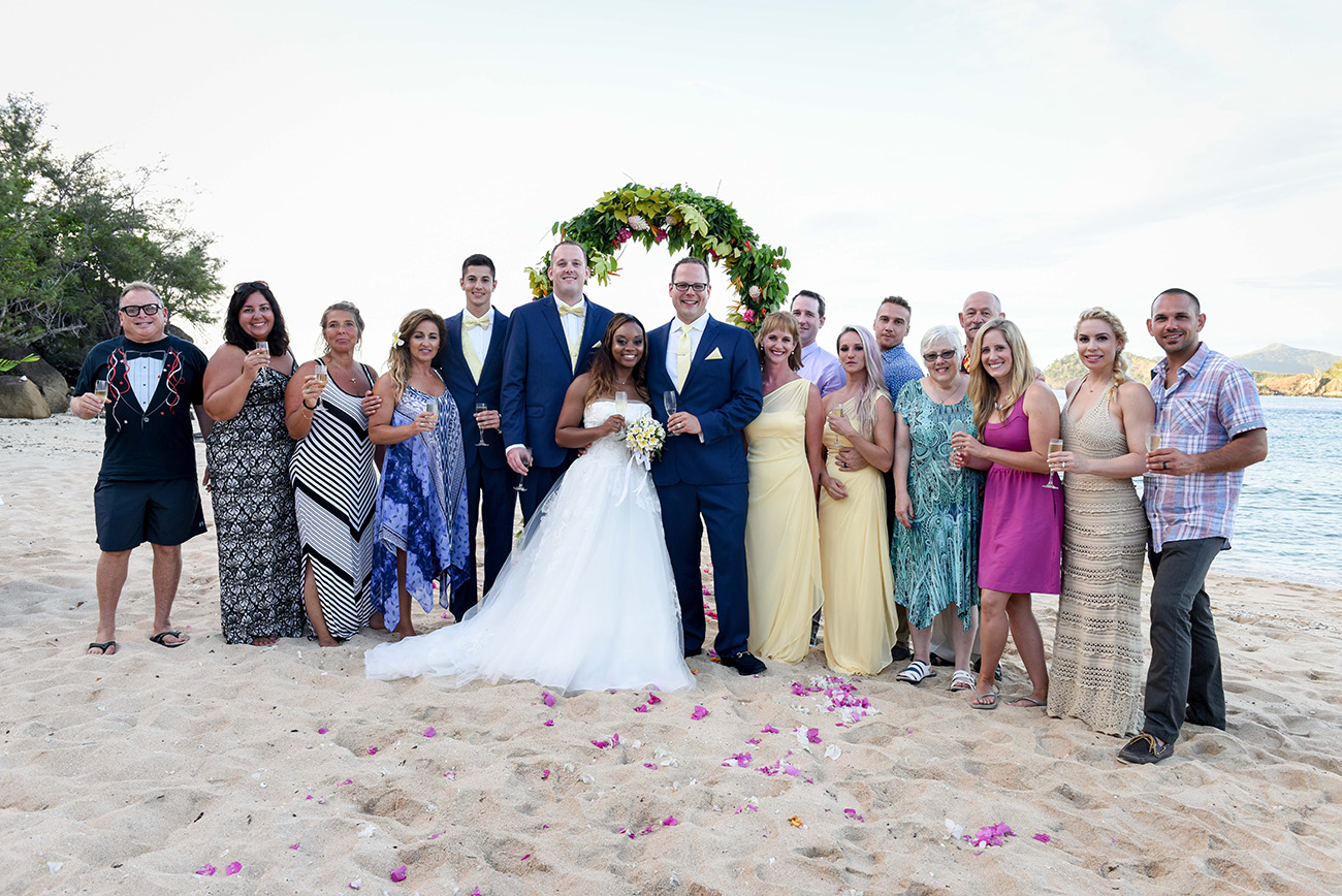 Group photo with all the guest at the wedding At Paradise Cove Island resort in the Yasawas, Fiji