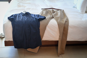 Groom's khaki pants and shirt from Tarocash in Fiji elopement