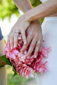 Fuschia bouqet and wedding rings Yatule Resort Fiji