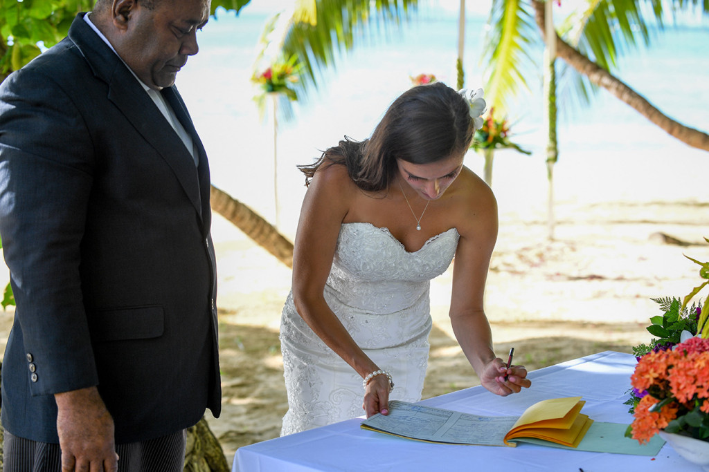 Signature of the wedding certificate, Matangi island resort in Fiji