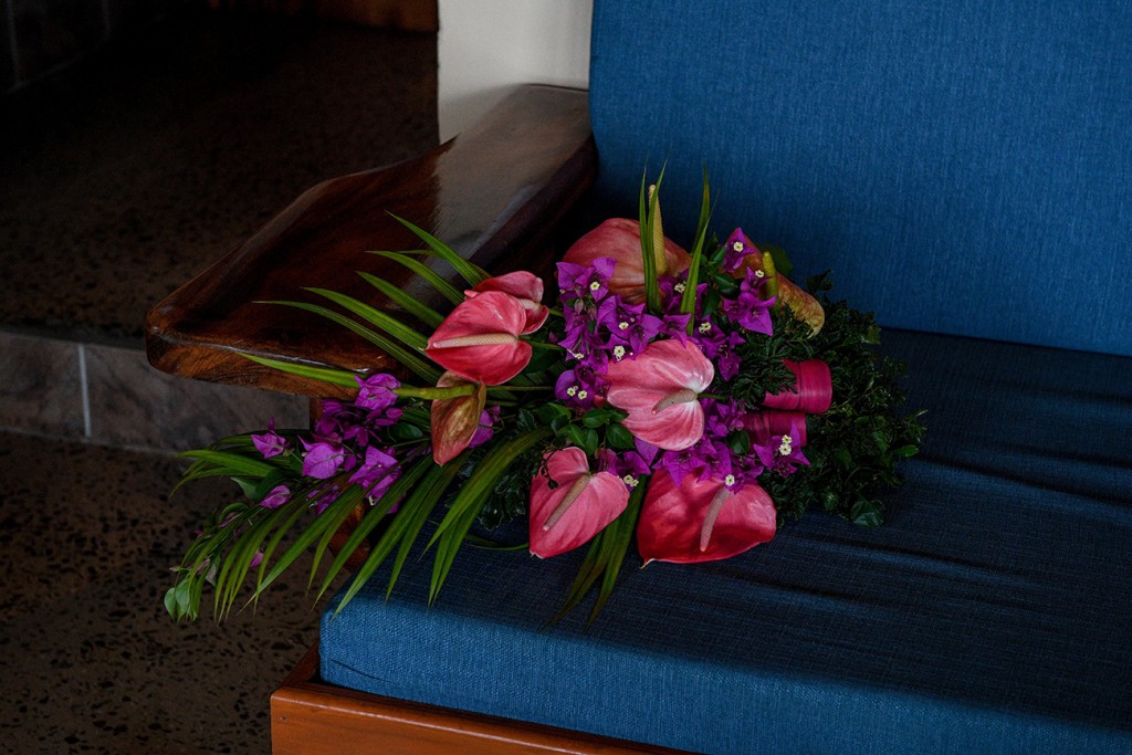 An assortment of fresh Fiji flowers make up the pink and purple flower bouquet