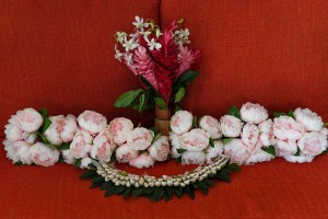 Frangipani, pink ginger and rose flower bridal bouqet