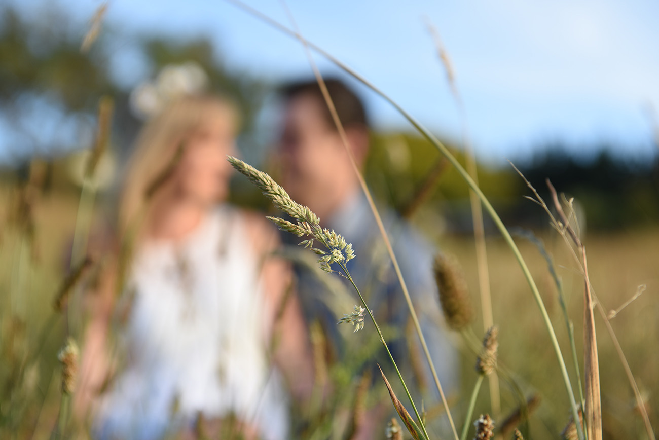Engaged couple blurry in the background in Summer Engagement photo shoot Pukekokhe Auckland Photographer Anais Chaine