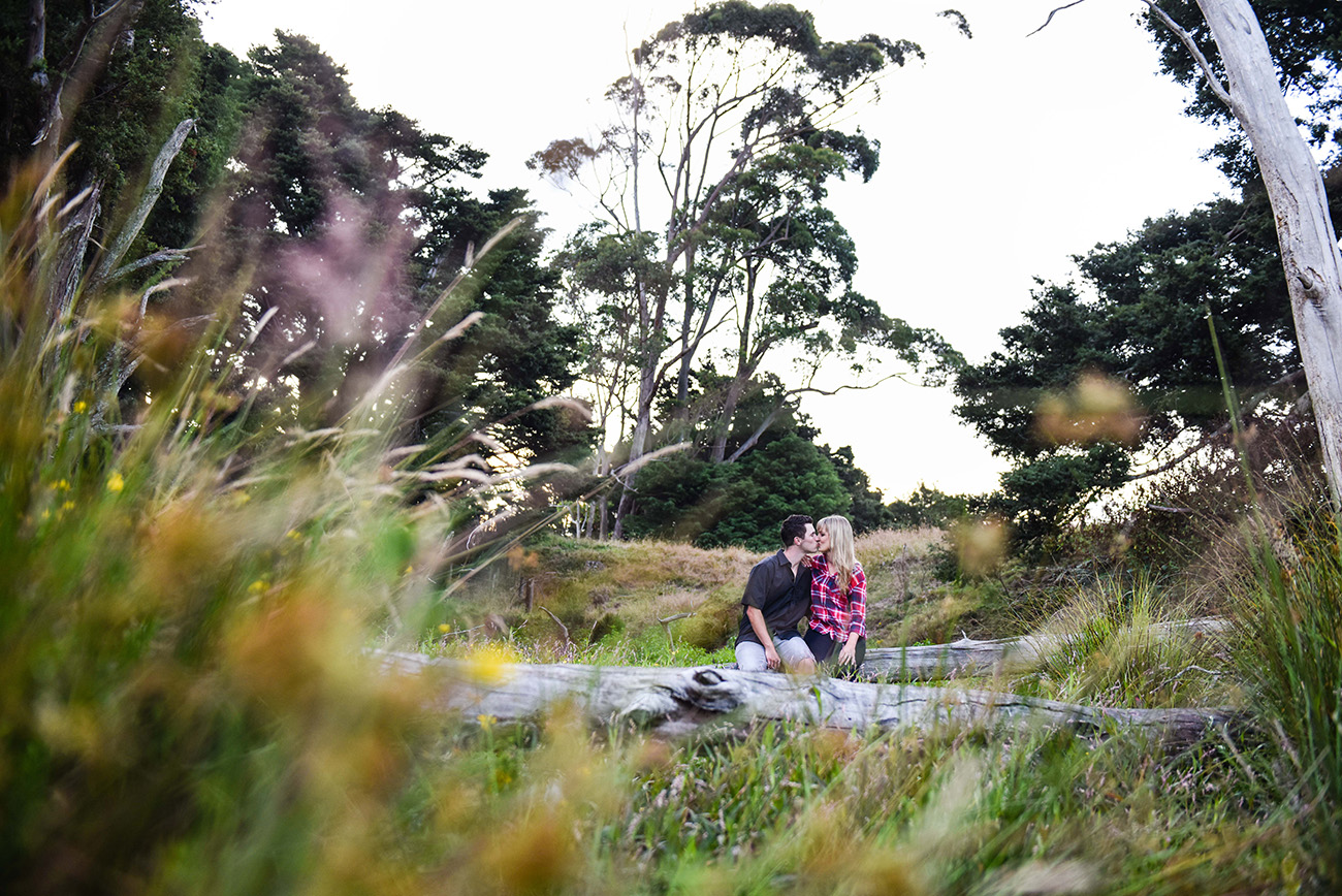A peek of the couple sitting on a fallen tree in the creek Summer Country Engagement photo shoot Pukekokhe Auckland Photographer Anais Chaine