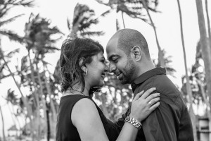 Couple nose to nose with palm trees in the background black and white photo at the Westin Resort in Denerau Fiji