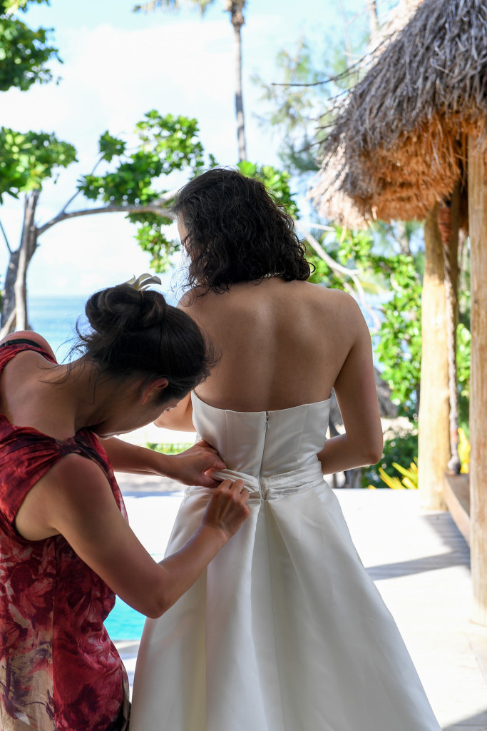 bride's dress at Paradise cove island resort, Yasawas, Fiji