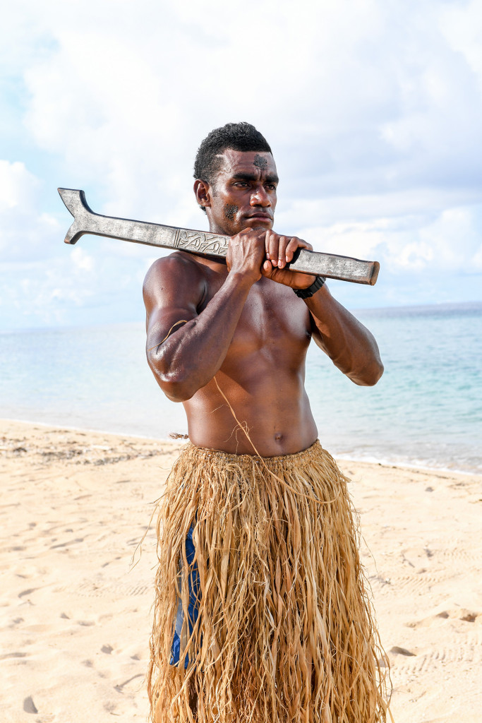 Portrait of a Fiji warrior at Paradise cove island resort, Yasawas, Fiji