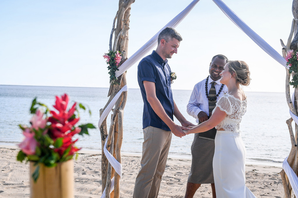 Vow exchange in elopement beach wedding ceremony, Yatule Fiji