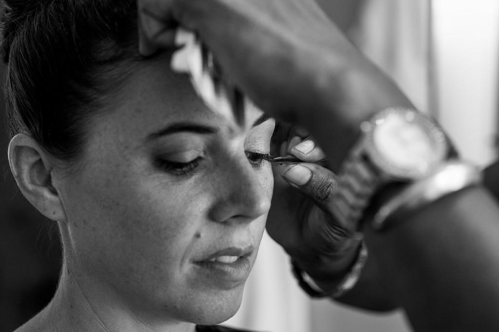 Closeup of Bride's makeup being done at Vomo Island Resort Fiji
