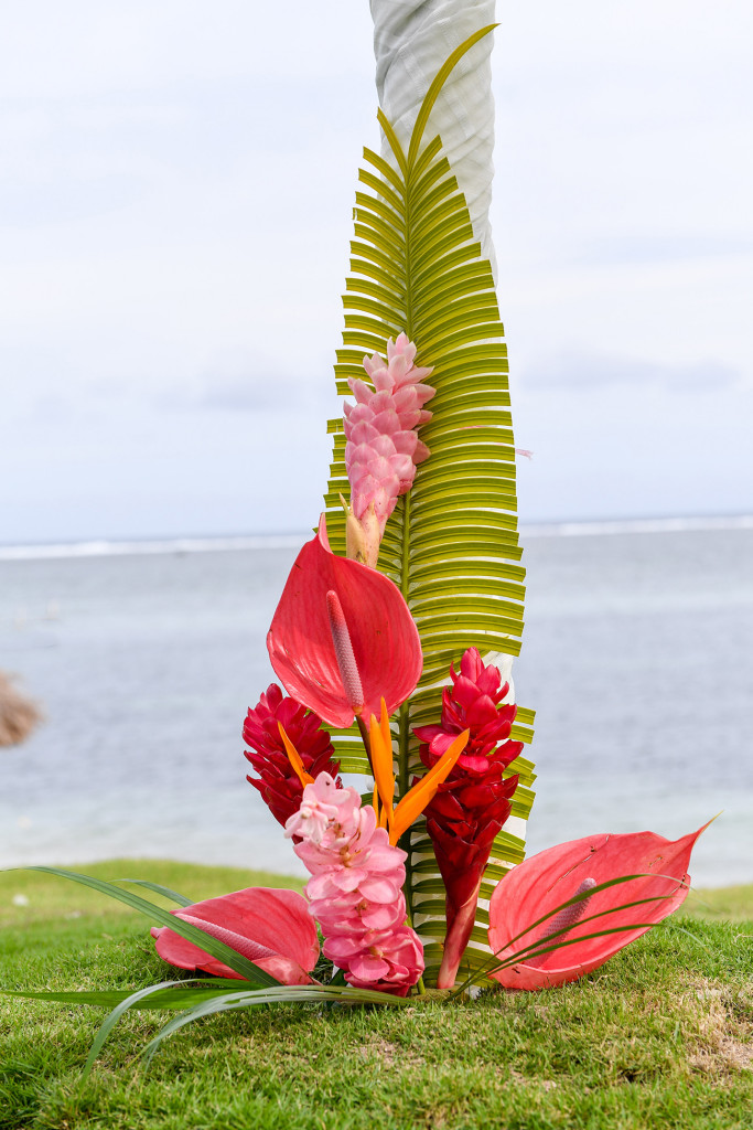 Closeup of pink and orange flowers and fern against ocean in Warwick Fiji