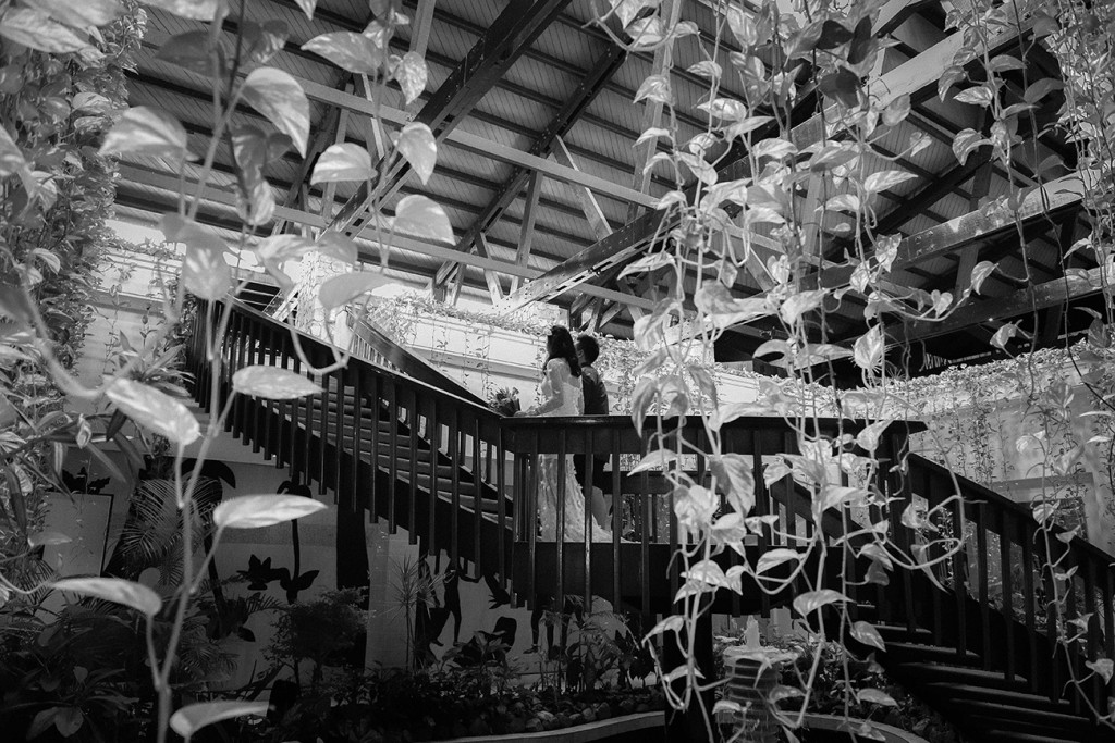 Black and white photograph of wedding streamers