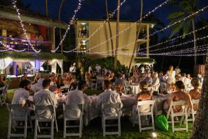 The Outrigger outdoor wedding reception strewn with lights