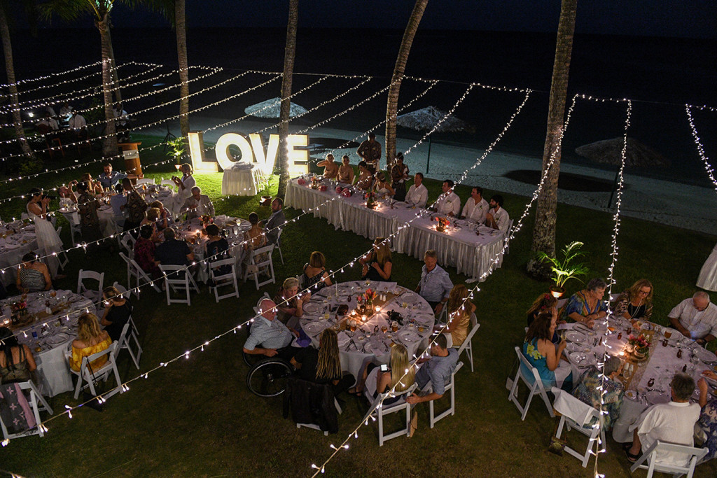 Overhead shot of lights strewn over wedding reception at the Outrigger Fiji