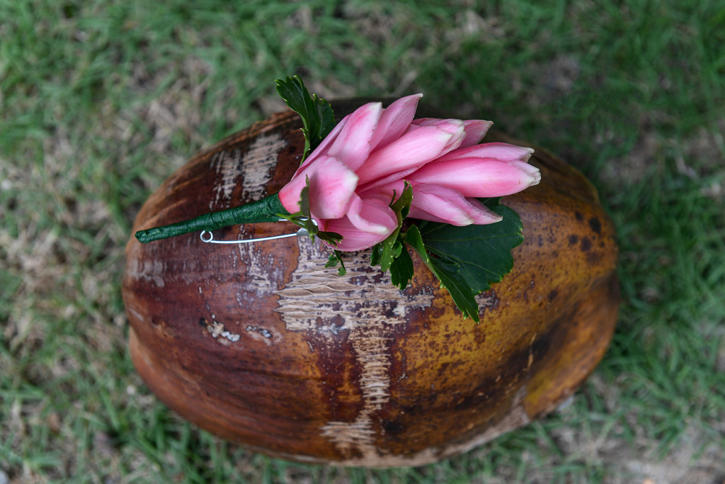 Tropical Island flower boutonniere on coconut