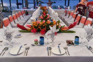 Tropical flower arrangement for wedding reception in Plantation Island Resort Wedding
