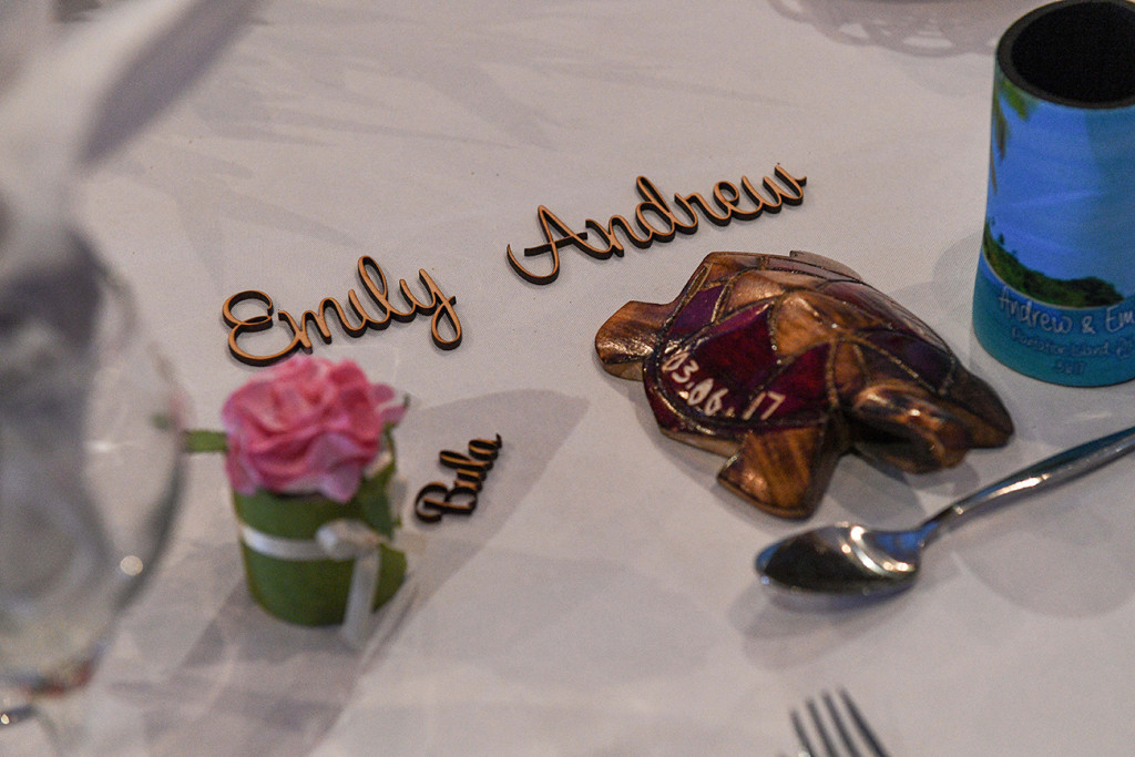 Emily & Andrew married wedding placards on table.