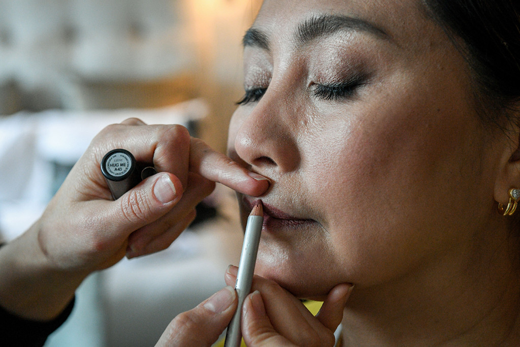 Bride's lip makeup being done at the Sofitel Fiji