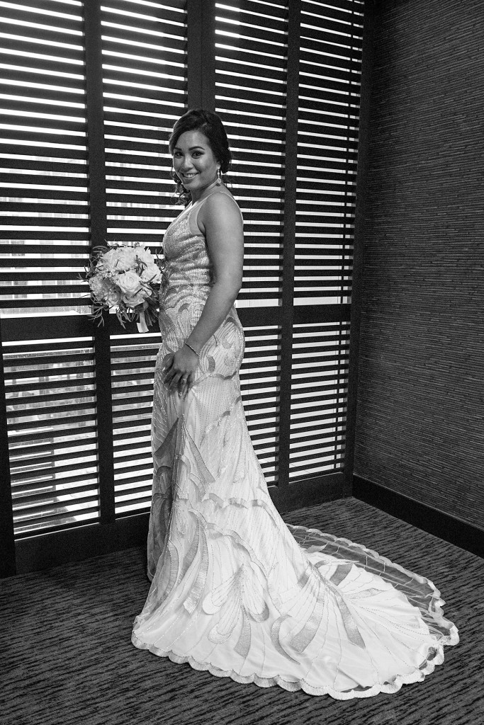 Stunning full length black and white photo of the bride at the Sofitel Auckland