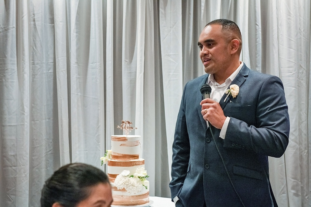 Groom gives speech at the wedding reception at the Sofitel Auckland