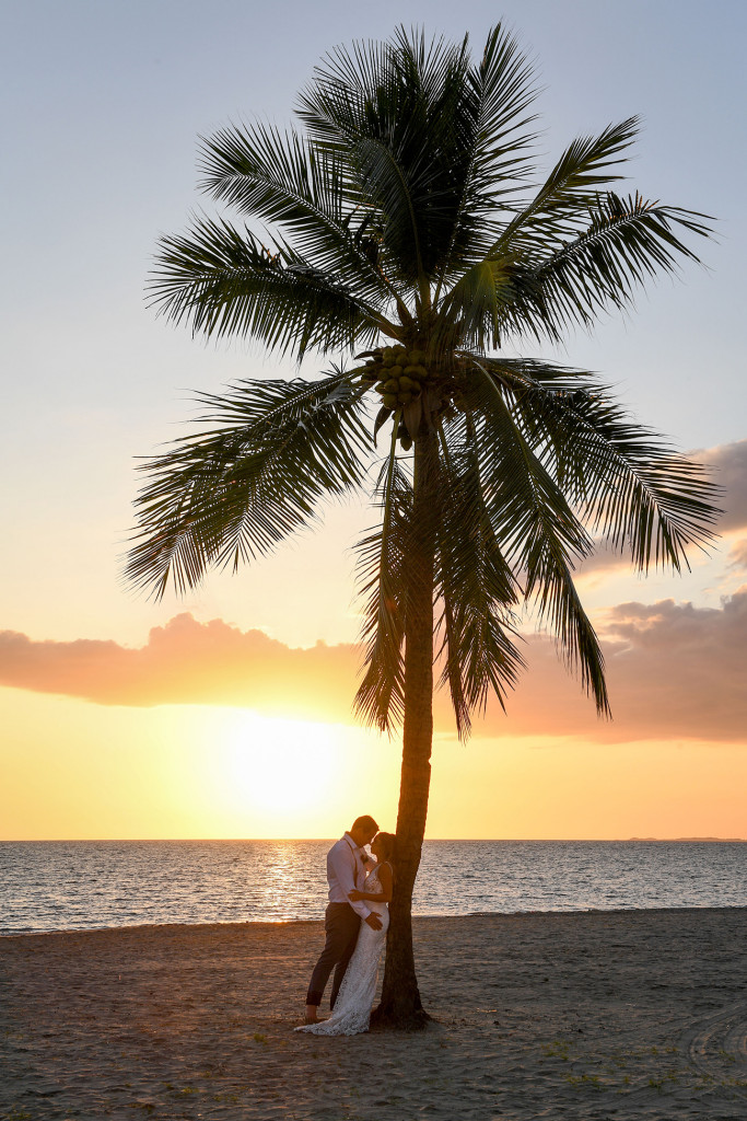 Silhouette of newly married couple embracing against a Fiji palm tree