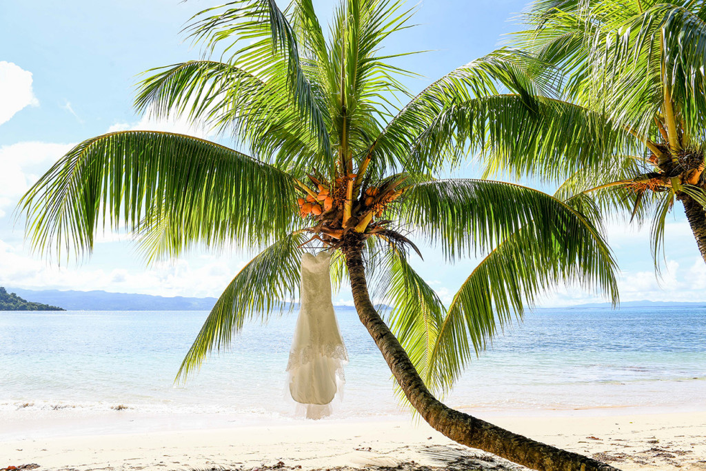 Wedding dress hanging on the palm tree by the beach at Matangi island resort Fiji