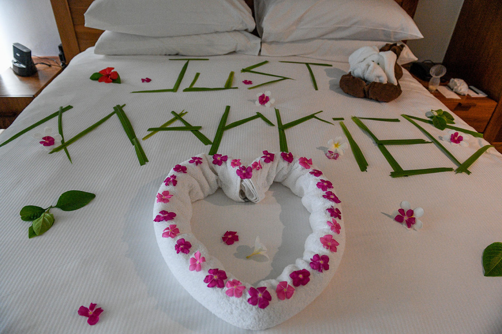'Just Married' bed spread made of tropical Fiji flowers by the Hilton hotel Denarau
