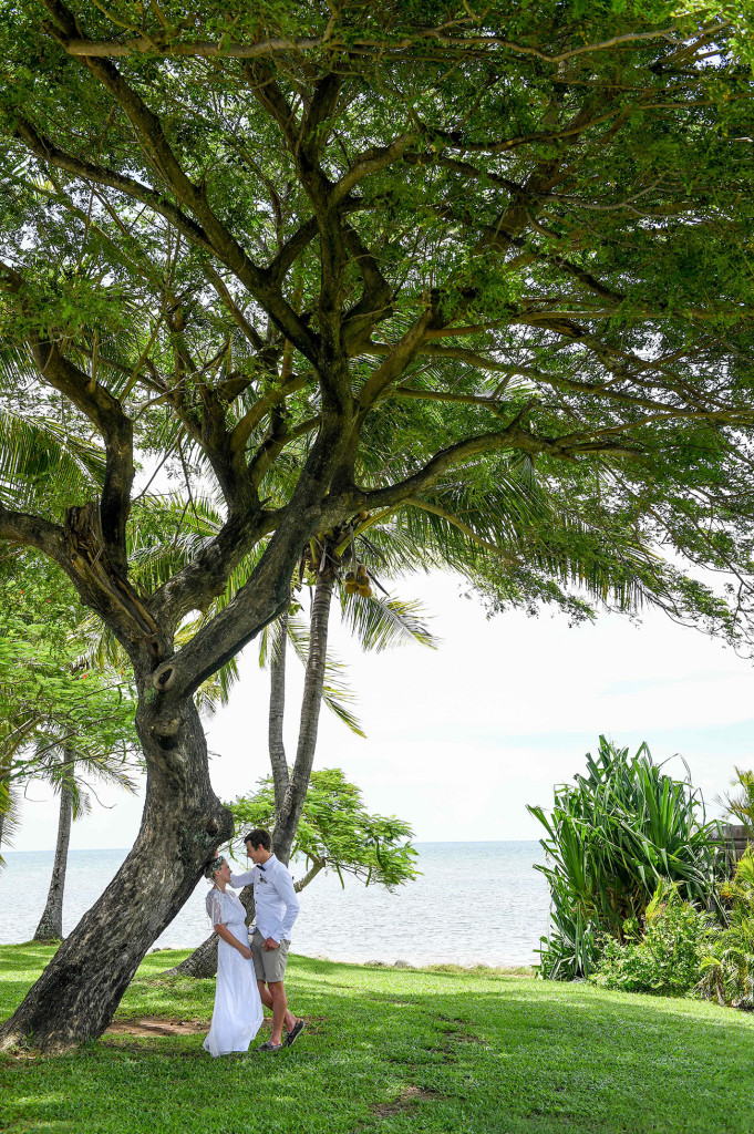 Bride and groom stand under towering green tree at Denarau Fiji