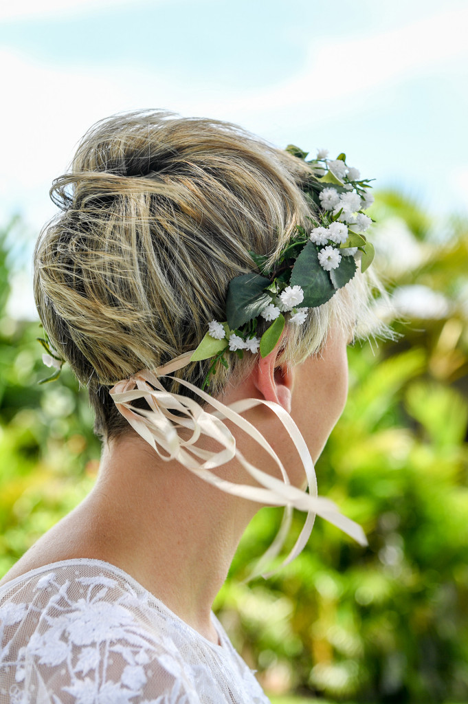 Bridal flower crown made of tropical white flowers by Keepsake bouquets.