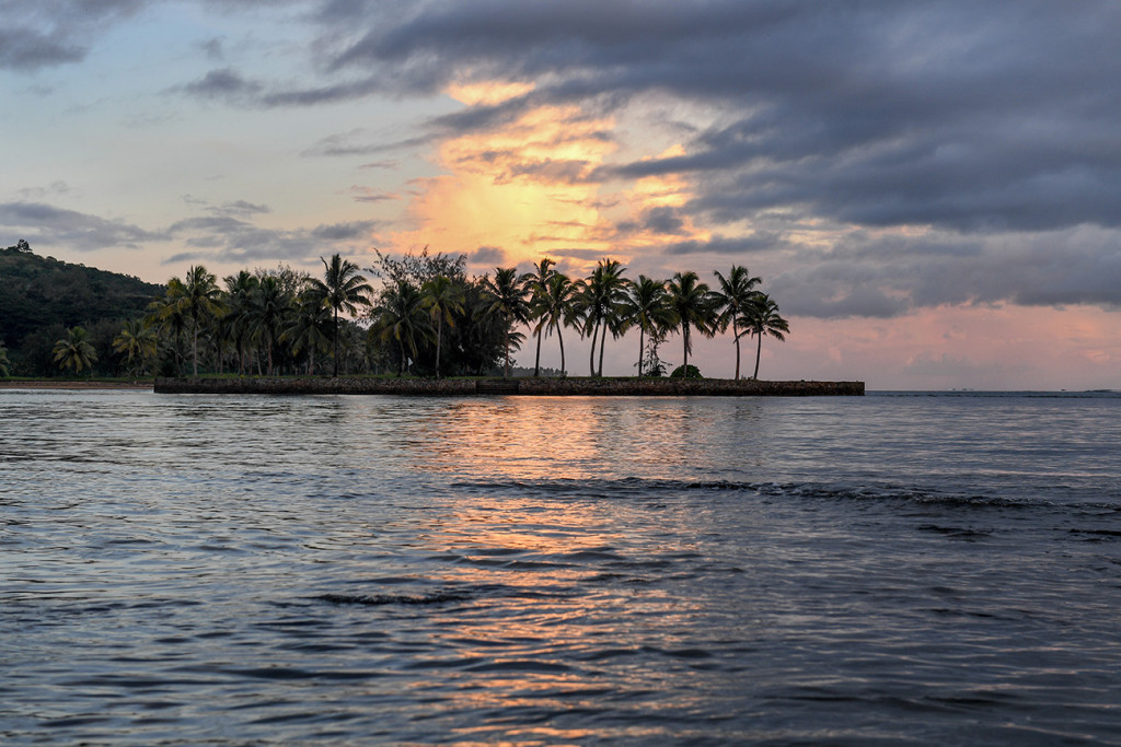 Sturdy palm trees sway against the breathtaking sunset at Naviti Fiji