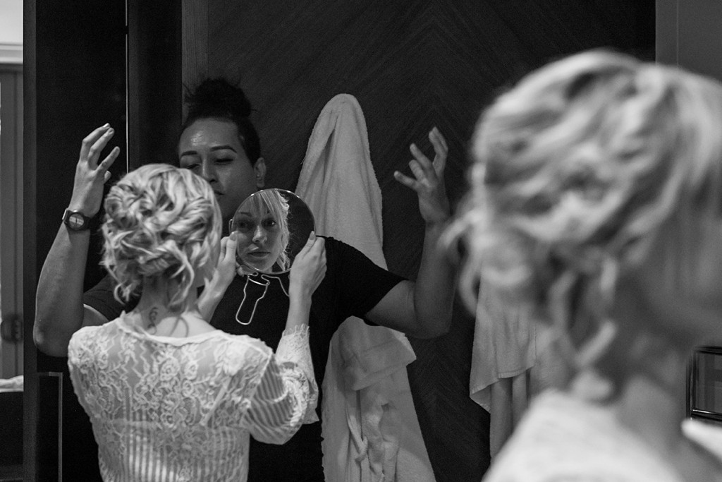 Monochrome reflection of bride in concave mirror at the Intercontinental Fiji