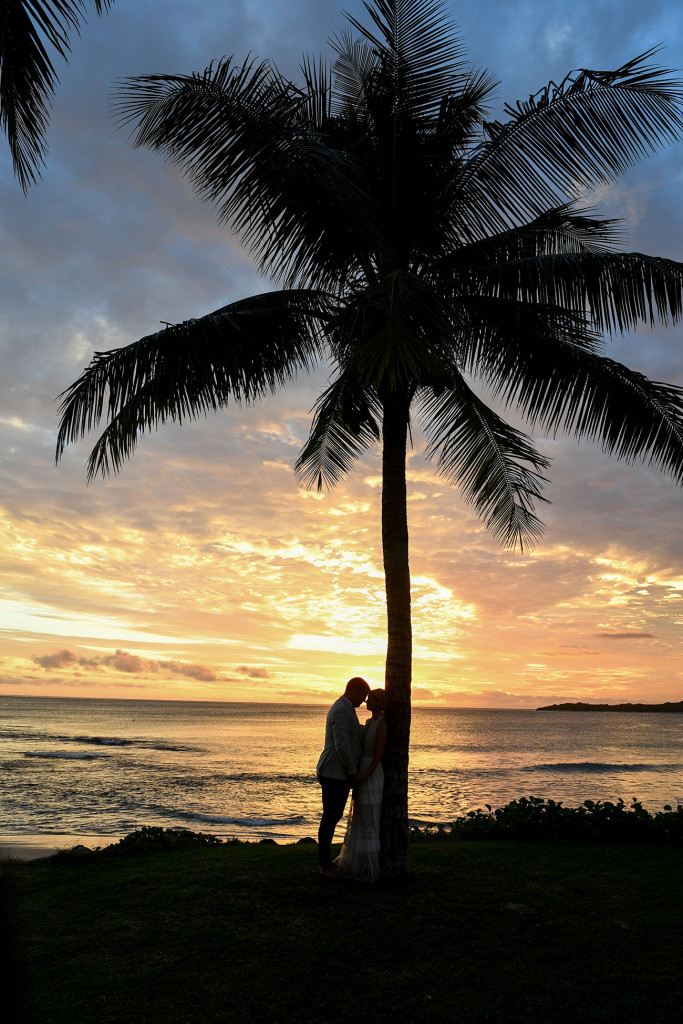 Silhouette of Bride and groom kissing against a palm tree in the golden Fiji sunset