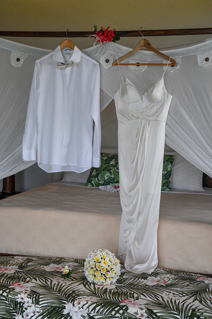 Wedding dress designed by Zimmerman and white linen shirt