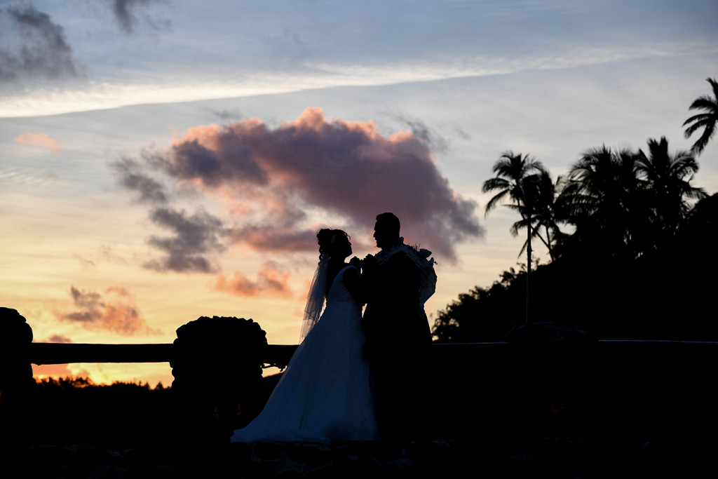 A silhouette of the couple's pinky swear in Fiji sunset