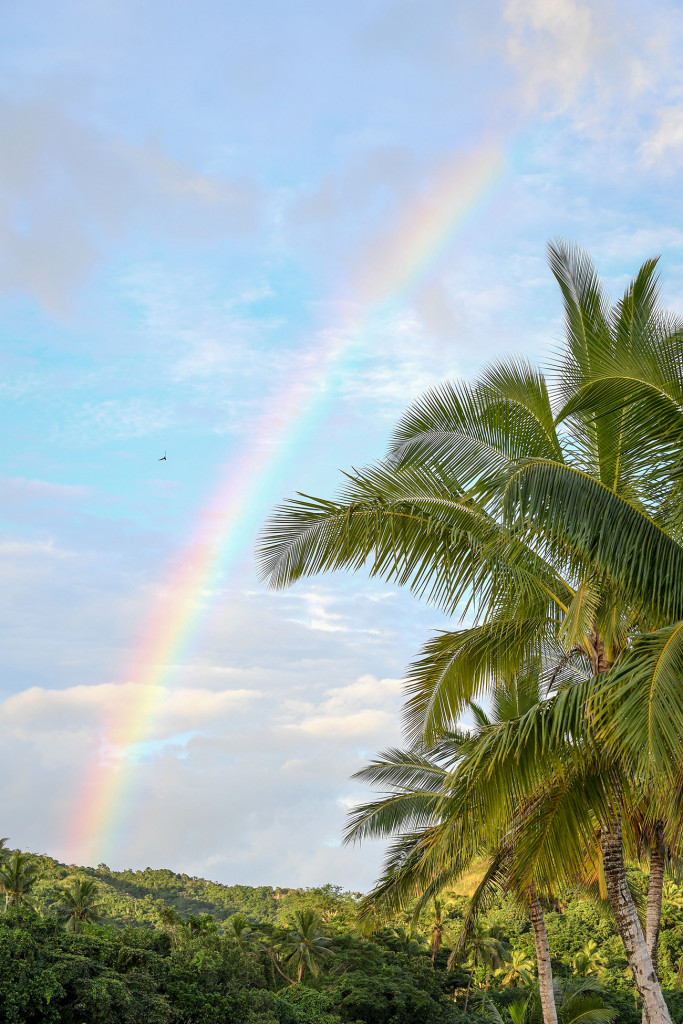 A rainbow paints the Fiji sky behind palm trees at Sunset