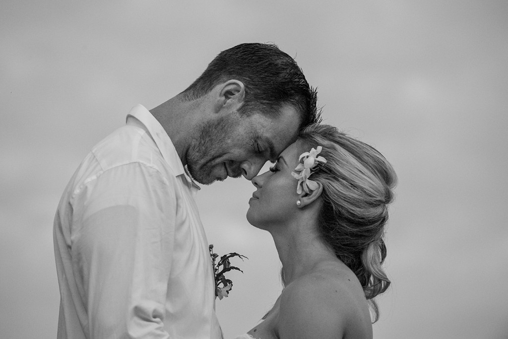 Monochrome portrait of the couple sharing an intimate moment