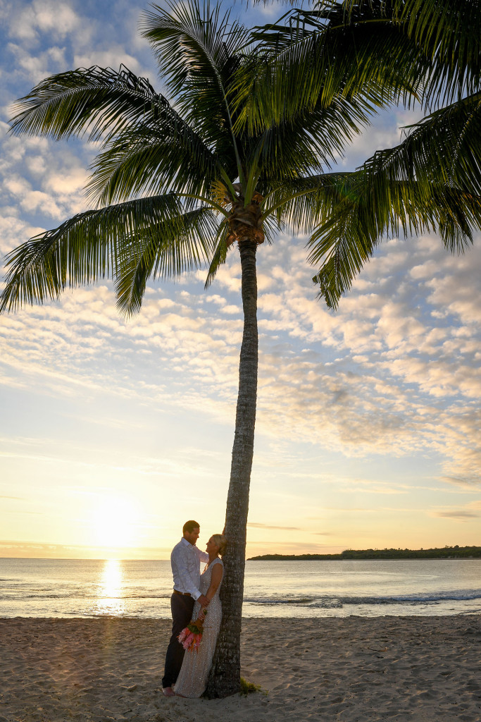 The married couple by a palm tree during the glorious sunset in the Pacific ocean