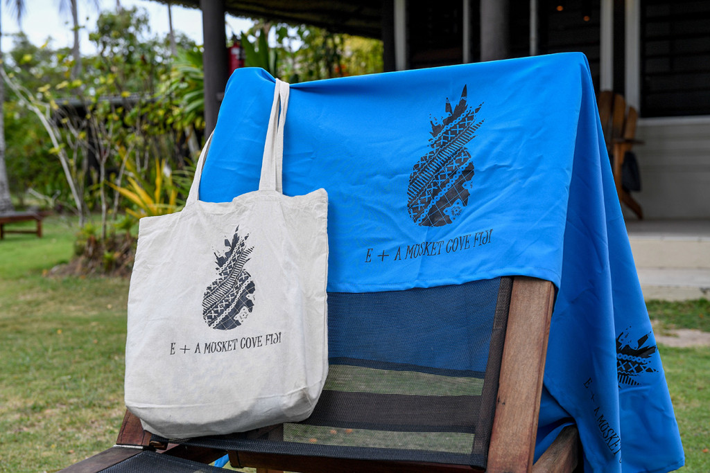 Cream tote bag and blue towel by Musket Cove Fiji