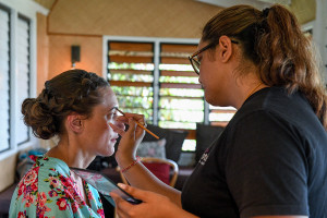 Closeup of the bride's eyebrows being done by Kajal of Totoka Hair and Makeup