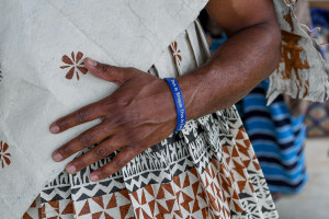 Closeup of a Fiji groomsman in traditional Masi