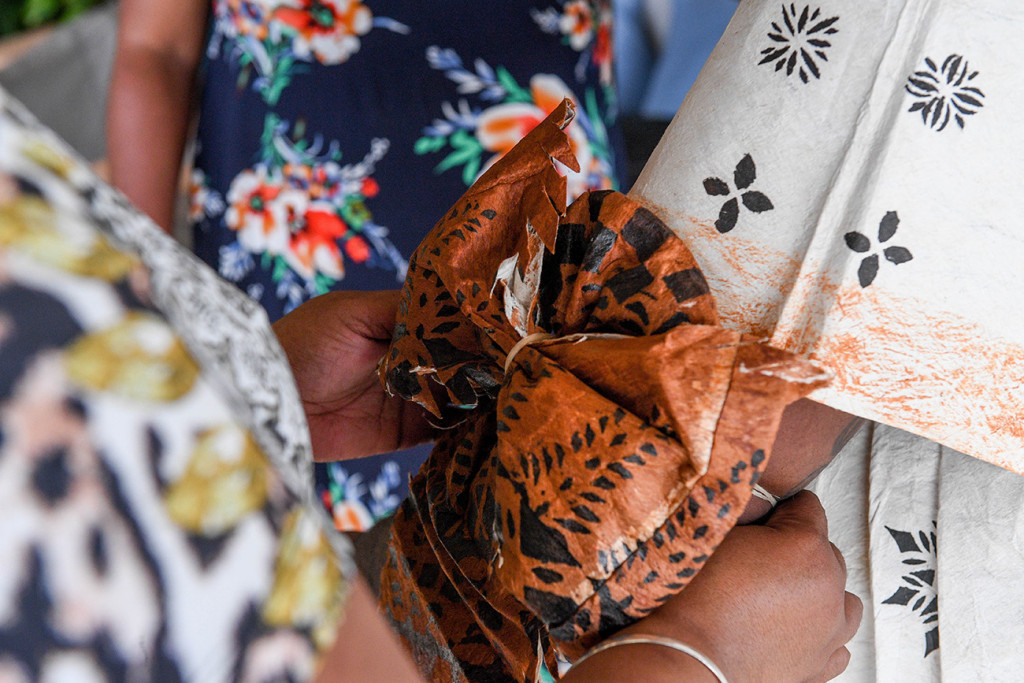 Closeup of a bow tied on a traditional Masi skirt, traditional Fijian wedding outfit