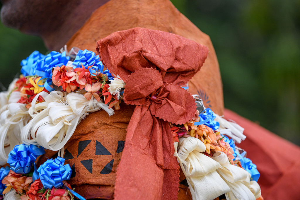 Closeup of the bows on the traditional Fiji masi of the groom