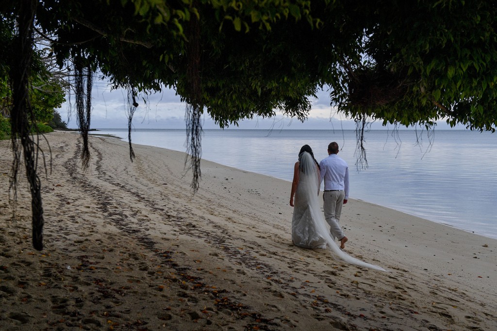The newly weds stroll on the beach past hanging Island vegetation