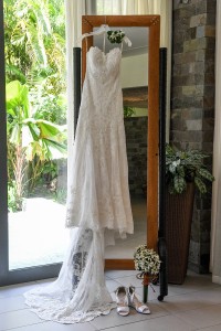 The glorious off-white, lace, wedding dress by Novella Bridal