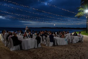 The magical wedding reception setup with fairy lights at the beach at the Intercontinental Fiji