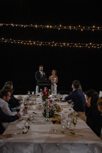 The married couple gives a speech under magical fairy lights