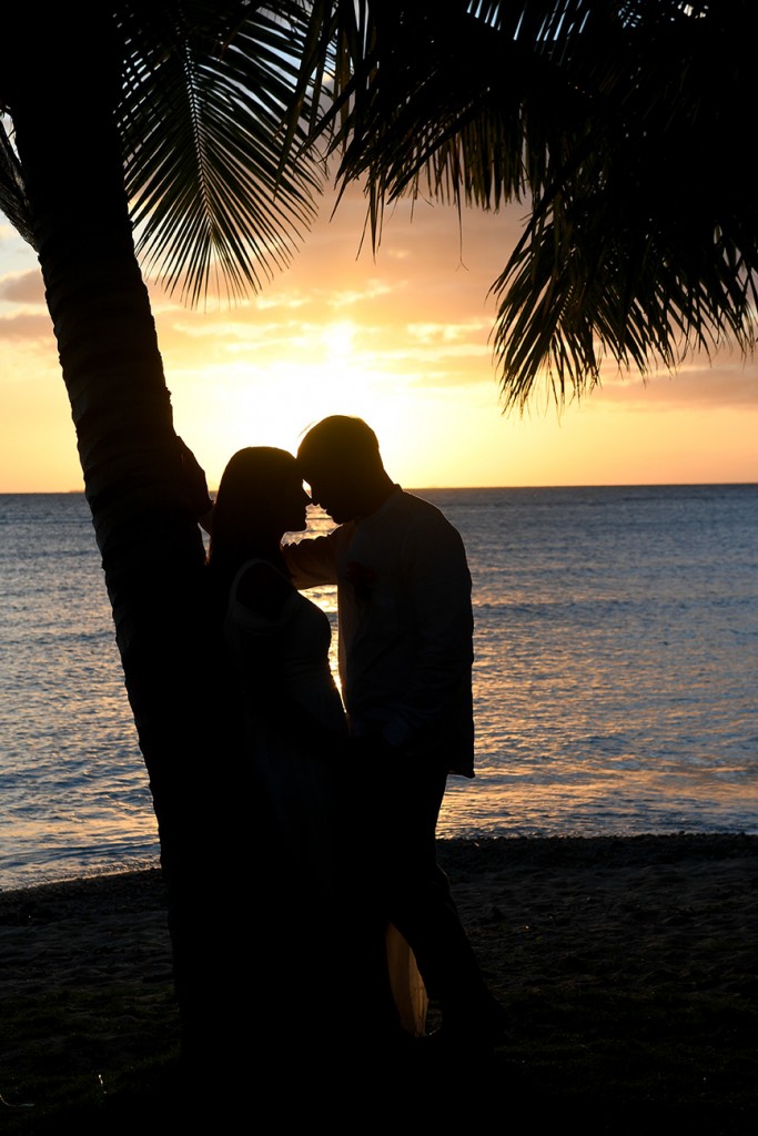 A intimate silhouette of the couple against a palm tree at sunset