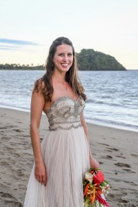 Bride in strapless bohemian Hailey Page dress with silver bodice detail