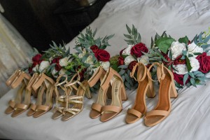 Beige ankle strap high heels of the bridal party